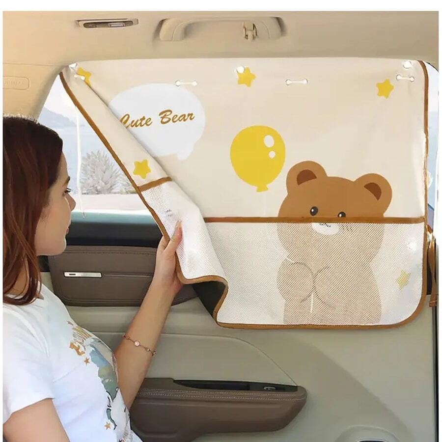 汽车遮阳帘，吸盘式，卡通设计，带收纳袋，汽车窗帘 - 彩色 - 查看 1