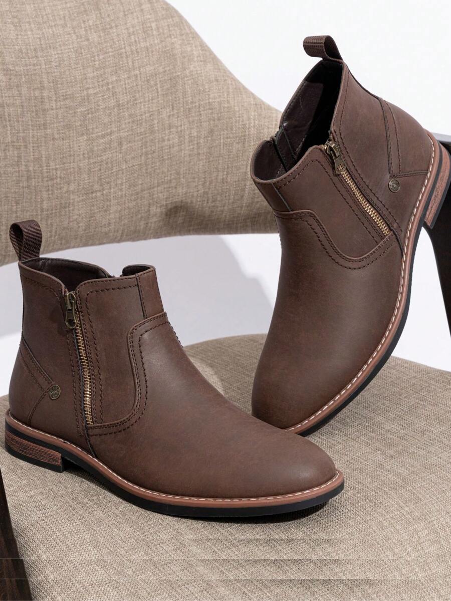 SHOESMALL Men's Chukka Boots PU Leather Side Zipper Casual Black Boots Retro Ankle Desert Pull On Brown Dress Boots