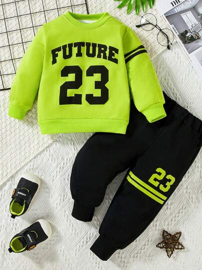 Hibobi 2 piezas Conjunto de sudadera con monograma para niño de manga larga con monograma y pantalón negro, adecuado para niños de 18 meses a 6 años en primavera y otoño