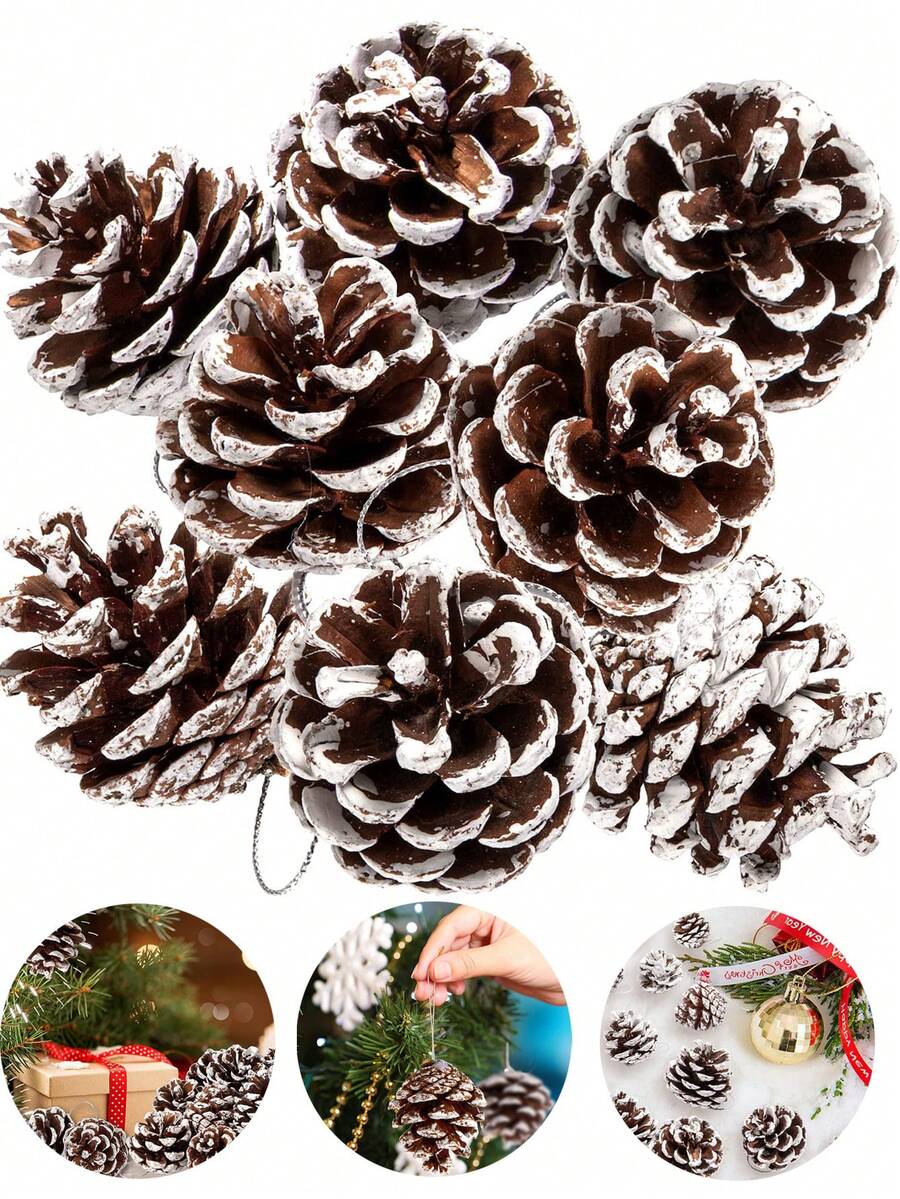 3 件/9 件 - 天然松果圣诞树装饰，白色边缘松果挂饰，DIY 圣诞松果散装浆果松枝套装，闪闪发光的雪花，天然雪松果冬季节日装饰适用于 DIY 工艺品各种尺寸家居装饰圣诞树标签礼品派对用品 - 彩色 - 查看 1
