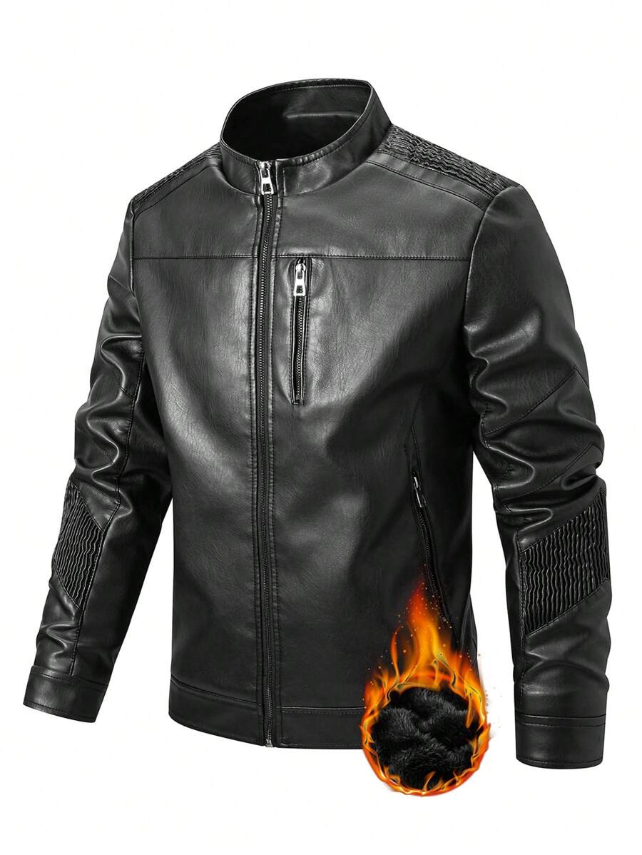 LEDUNTINO Áo khoác da Bkier vải nỉ dày thời trang nam, thể thao, trơn, áo khoác bomber, xe máy, quà tặng bạn trai, áo khoác gió chống gió cổ đứng mùa đông thu cho nam, áo khoác da họa tiết xe đạp mùa xuân thu cho nam - màu đen - Xem 1