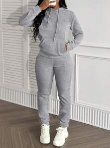 LovelyWholesale Bộ áo và quần dài tay có mũ, túi, kiểu dáng đơn giản, thường ngày dành cho nữ, thích hợp mặc mùa xuân. - Xám - Xem 7