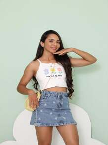 Embroidered Summer Denim Skirt For Children And Teenagers - Rửa trung bình - Xem 2