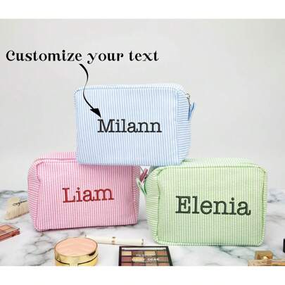 1pc Personalized Makeup Bag, Seersucker Cosmetic Bag, Custom Makeup Bag,Large Capacity Cosmetic Bag, Bridesmaid Bridal Gifts, Makeup Organizer