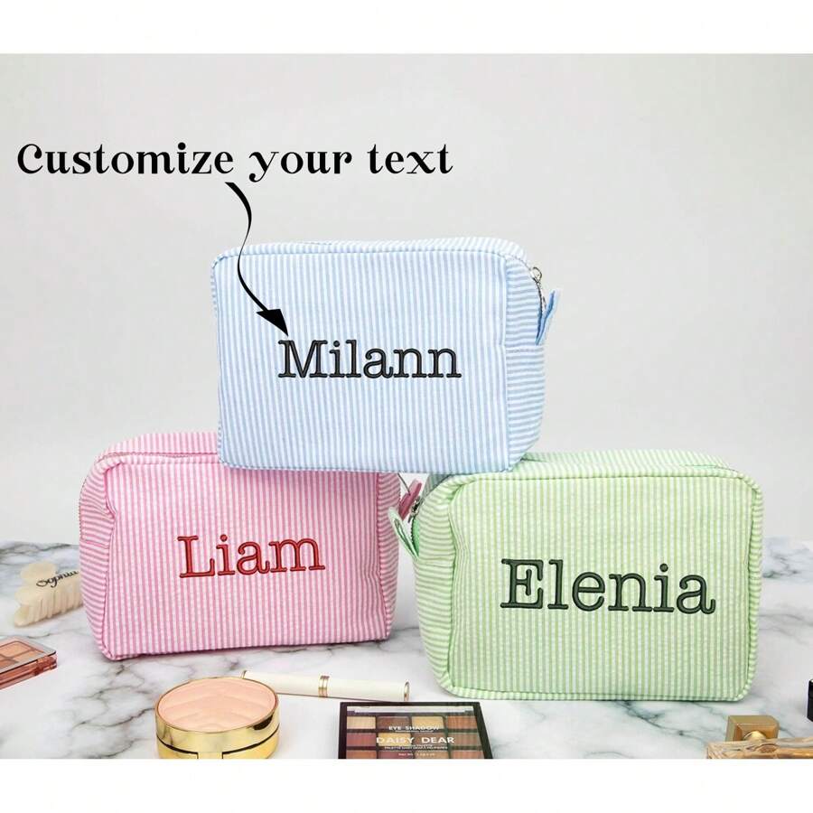 1pc Personalized Makeup Bag, Seersucker Cosmetic Bag, Custom Makeup Bag,Large Capacity Cosmetic Bag, Bridesmaid Bridal Gifts, Makeup Organizer - Multicolor - View 1