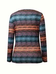 Große Größen Langarm-Oberteil mit Batikmuster und Knopfdetail, künstlerischer Vintage-Stil, Herbst/Winter, Drop-Shoulder