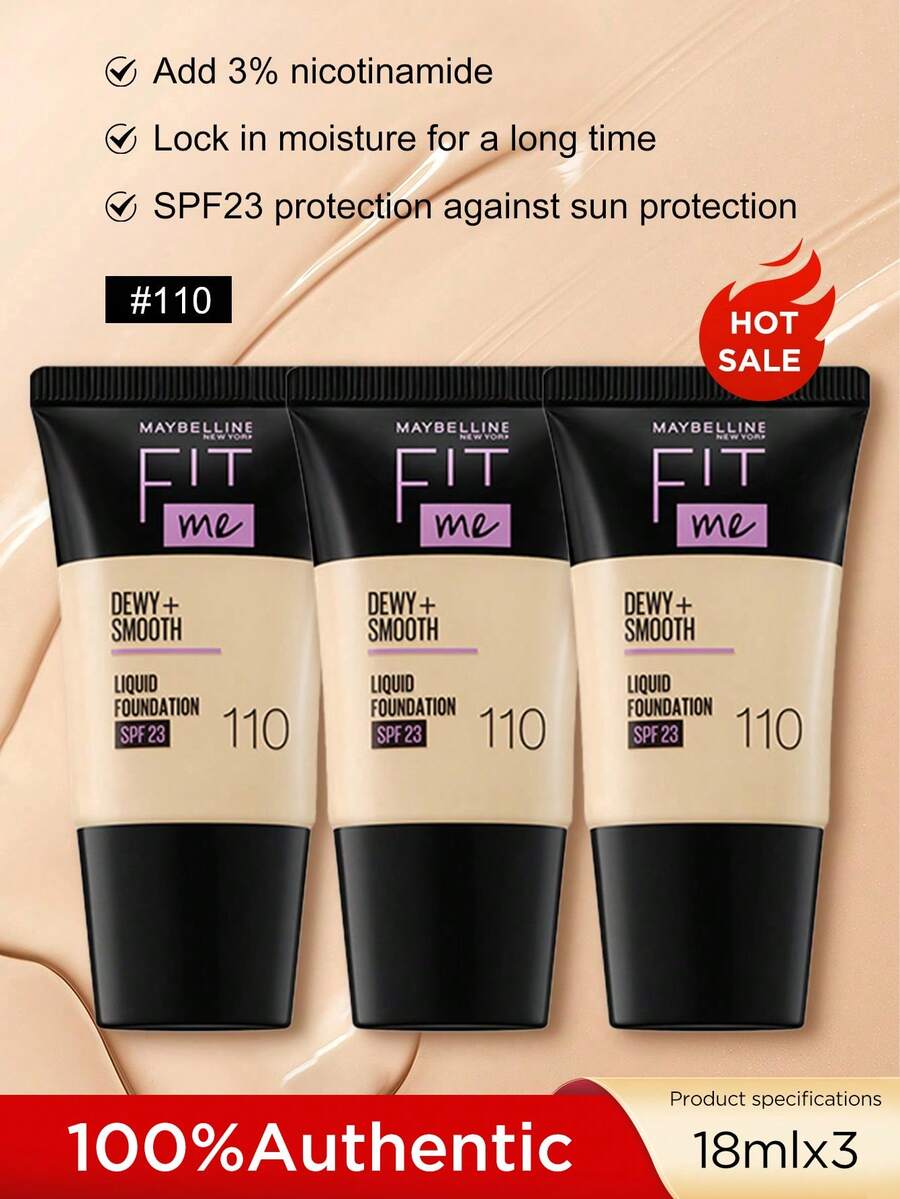 Fit Me Matte + Poreless 粉底液，18ml，适合干性/油性皮肤，控油，持久，半哑光效果 - 110#水潤版*3 - 查看 1