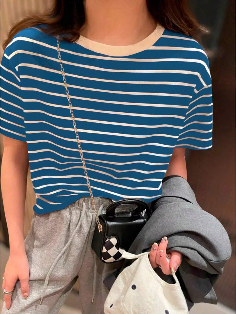 K&K FASHION SHEIN Basic Striped T-Shirt Blouse - Sky Blue - View 1