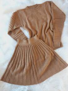 Schoolgirl Pleated Skirt And Long Sleeve Mousse Blouse Set In Tricot - 駝色 - 查看 3