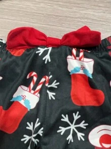 Bộ 4 món đồ liền thân dài tay cho bé gái in hình hươu và chữ dễ thương, quần ống loe có nơ và họa tiết bông tuyết, mũ và dây buộc tóc có nơ cho Giáng sinh - Nhiều màu - Xem 10