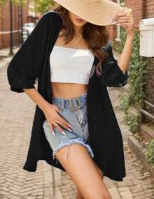 Womens Swimsuit Coverups Bikini Swimwear Beach 3/4 Sleeve Cover Up Cardigan - 黑色 - 查看 3