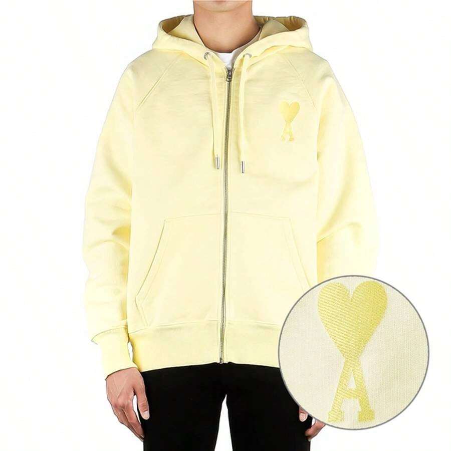 AMI Heart Logo Patch Zip Up Hoodie Yellow SHEIN USA