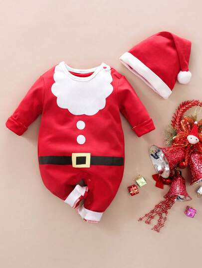 Yierying Infant/Baby Boys Cute Santa Claus White Beard Pattern Long Sleeve Casual Outfit Set, For Christmas