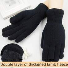 2/1pair Winter Cold-Proof Fleece Knitted Gloves Warmers Gloves Soft Warm Double Layer Male Thickened Cycling Gloves Ski Gloves For Women Men - Black - View 7