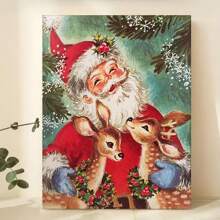1pc Charming Santa & Elk Canvas Art Print - Unframed, Vintage-Inspired Wall Decor For Living Room, Bedroom, Home Office - Perfect Holiday Gift For Animal Lovers Home Decor Christmas Decorations Room Decor Christmas