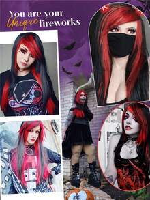 Tóc giả màu đỏ và đen dài thẳng nhiều lớp tóc với mái xéo chất lượng cao sợi tổng hợp tóc giả phong cách cảnh emo trang phục hóa trang quà tặng tiệc sử dụng - Đánh dấu màu đỏ - Xem 8