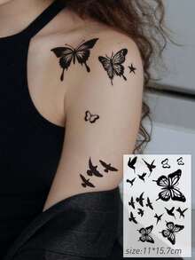 STARTTOOS Black Dynamic Butterfly & Floral Pattern Temporary Tattoo Stickers, Suitable For Fingers, Ears, Shoulders, Neck, Collarbone, Etc., DIY Daily Party Holiday Gift, Waterproof Realistic Tattoo Stickers - Black - View 6