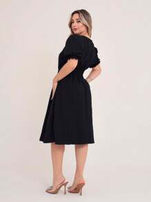 Luxury Duna Wave Short Dress With Button Short Sleeves - màu đen - Xem 5