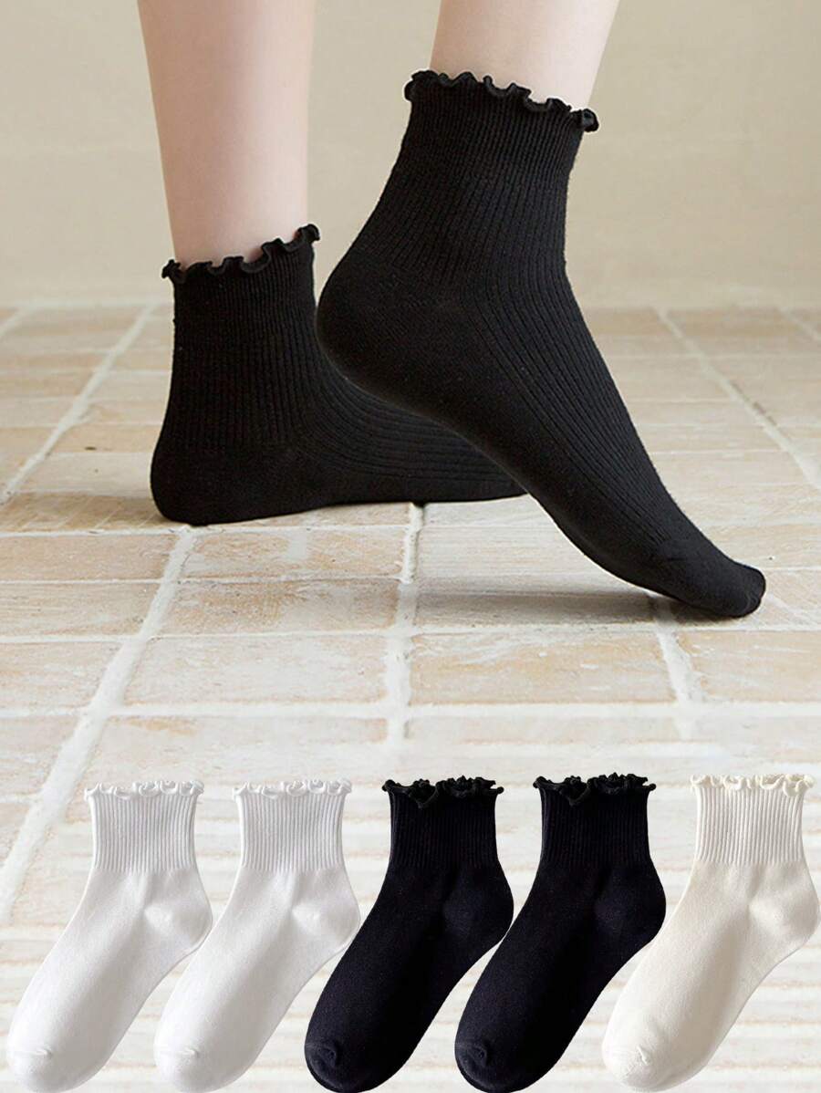 YiPinOu 5 Pairs Harajuku Ruffle Socks Women Girls Sweet Black White Ruffle Hem Frill Socks Lolita Soft Breathable Ankle Loose Lettuce Trim Short Sock - Multicolor - View 1