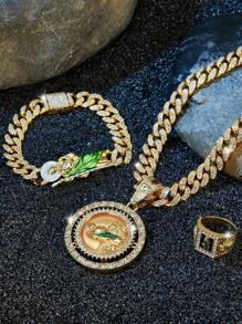 3 件时尚吊坠项链套装，St. Jude 旋转大硬币吊坠项链和手链套装，磨砂闪亮方晶锆石首饰，男女皆宜的节日礼物 - 珠寶套裝 - 查看 3