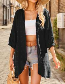 Womens Swimsuit Coverups Bikini Swimwear Beach 3/4 Sleeve Cover Up Cardigan - 黑色 - 查看 1