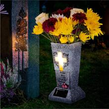 Senmeo 1Pcs Solar Cemetery Vase, Cross Lamp Memorial Flower Holder With LED,  Headstones Vases With Spike, Halloween Christmas Decoration Memorial, Remembrance Gift For Outdoor Yard Patio Loss Of Loved One