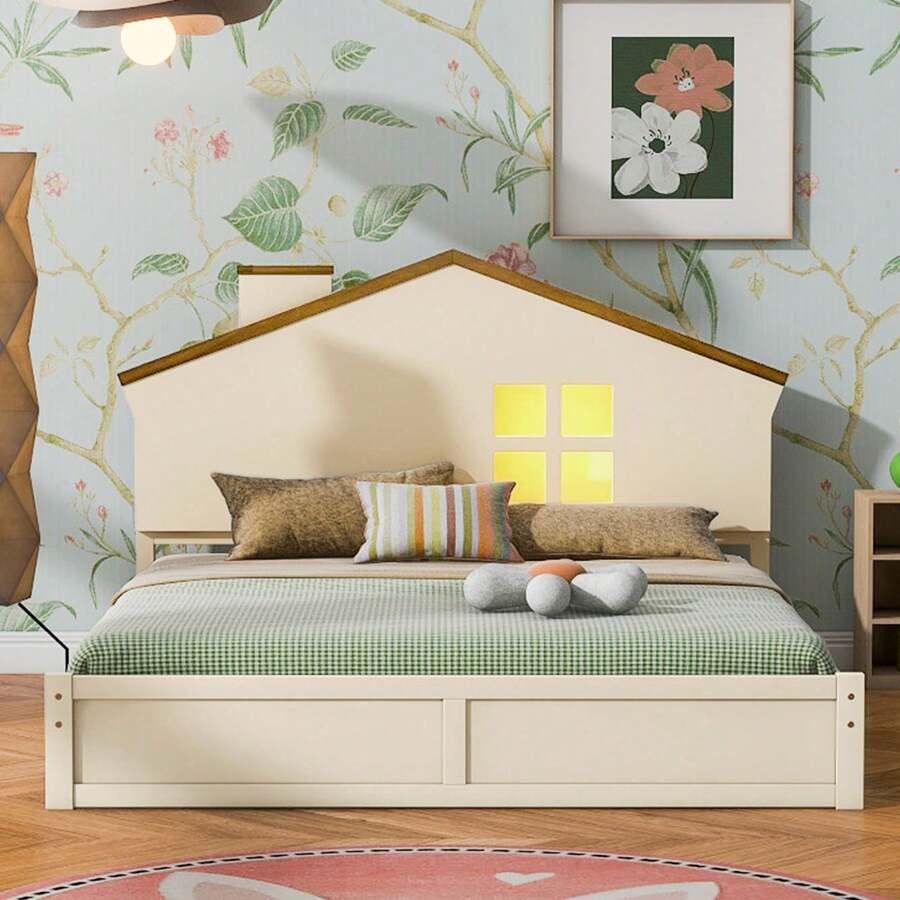 MISSUNNY Full Size Wood Platform Bed With House-Shaped Headboard And Built-In LED, Walnut+Milk White