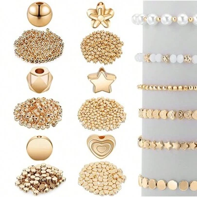 Juego de 600/1200 cuentas espaciadoras, cuentas en forma de estrella, cuentas redondas, cuentas espaciadoras facetadas en forma de rondela, cuentas en forma de corazón, cuentas en forma de flor, cuentas en forma de disco plano, cuentas sueltas para hacer pulseras, aretes, collares y joyería (dorado)