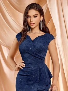 MIUSOL Sweetheart Neck Ruffle Trim Split Thigh Glitter Cocktail Party Fitted Pencil Dress - Navy Blue - View 9