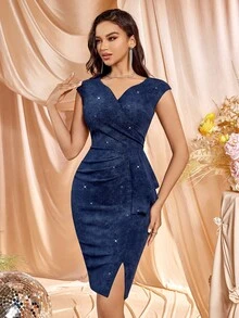 MIUSOL Sweetheart Neck Ruffle Trim Split Thigh Glitter Cocktail Party Fitted Pencil Dress - Navy Blue - View 5