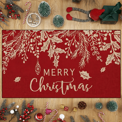 1pc 'Black Base With Pine Trees Reindeers And Snowflakes Surrounded Happy Holiday Christmas Decoration Plants' Doormat, Indoor Mat, Throw Rug, Creative Door Mat, Entryway Themed Mat, Home Decor, Non-Slip Floor Rug Mat, Bedroom Accessories, Photo Props, Outdoor Decor, Throw Rug, Area Rug, Gift
