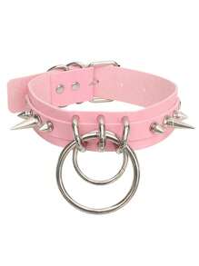 1pc Punk Gothic Rivet Pink Choker Necklace, Suitable For Women Daily Party Wear, Halloween Christmas Party Creative Birthday Valentine's Day Gift - Pink - View 3