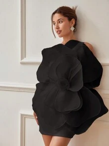 女士 3D 玫瑰花朵礼服，飘逸气质，不对称露背，大花朵设计，情人节礼服，春夏装派对礼服婚礼宾客礼服舞会礼服 - 黑色 - 查看 2