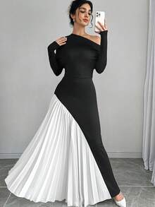 Elegant Off Shoulder Pleated Color Block Long Dress For Women - Black and White - View 5