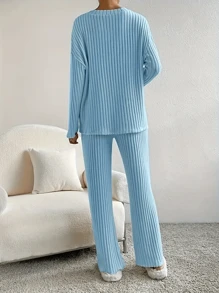2 pièces Set de Femmes Haut à Col en V Manches Longues et Pantalon Pyjama, Couleur Unie, Côtelé Confortable et Ensemble pour la Maison, Ensemble 2 Pièces