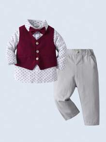 BOARNSEORL 3 件套男婴绅士服装套装：长袖衬衫、蝴蝶结背心和酒红色裤子，适合生日派对、婚礼、周年庆典等场合 - 酒紅色 - 查看 4