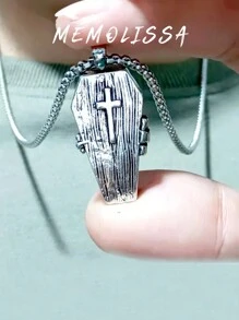 1 件复古骷髅十字架和棺材形吊坠项链，朋克街头风格男士日常佩戴 - 復古銀色 - 查看 7