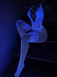 1pc Women Glowing Fishnet Stockings - Luminous In The Dark Fishnet Tights, Semi-Sheer Mesh Bodysuits For Clubs, Hollow Fishnet Design, Tight Bodysuits, Sexy Lingerie For Women, Suitable For Halloween, Christmas, Music Festivals, Parties, Nightclubs - 白色 - 查看 6
