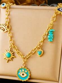 1pc Gold-Plated Stainless Steel Evil Eye & Heart Pendant Necklace, Vintage Valentines - Multicolor - View 1