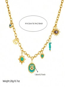 1pc Gold-Plated Stainless Steel Evil Eye & Heart Pendant Necklace, Vintage Valentines - Multicolor - View 4