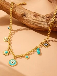 1pc Gold-Plated Stainless Steel Evil Eye & Heart Pendant Necklace, Vintage Valentines - Multicolor - View 3