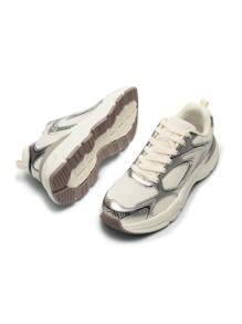 Women Platform Sneakers Fashion 2.35 Inch Chunky Heel Lace-Up Y2K-Style Sneakers Comfortable Tennis Lightweight Breathable Mesh Walking Casual Shoes - 香檳色 - 查看 1