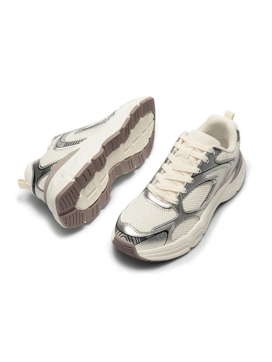 Women Platform Sneakers Fashion 2.35 Inch Chunky Heel Lace-Up Y2K-Style Sneakers Comfortable Tennis Lightweight Breathable Mesh Walking Casual Shoes - 香檳色 - 查看 1