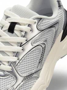 Women Platform Sneakers Fashion 2.35 Inch Chunky Heel Lace-Up Y2K-Style Sneakers Comfortable Tennis Lightweight Breathable Mesh Walking Casual Shoes - 銀色 - 查看 3