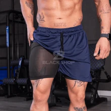 Kit 4 Men's Dry Fit Shorts 2 In 1 Elastane Lined - Gym, Running And Training - 水瓶藍 - 查看 7