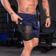 Kit 4 Men's Dry Fit Shorts 2 In 1 Elastane Lined - Gym, Running And Training - 水瓶藍 - 查看 5