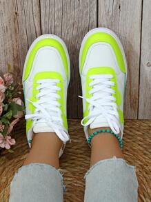 白色荧光绿多巴胺潮流欧美风户外滑板系带圆头低帮运动鞋，女士运动鞋，礼物 - 彩色 - 查看 3