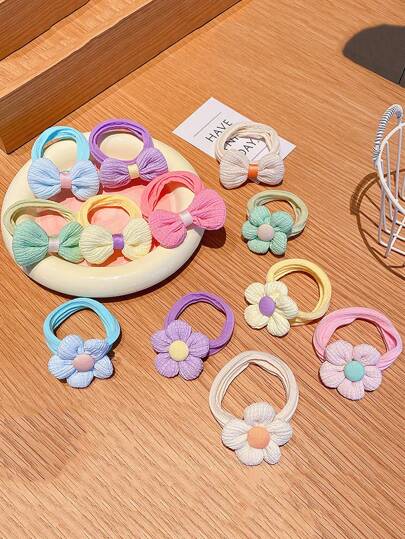 6/12pcs Cute Flower Bow Scrunchies, Gentle Elastic Hair Tie, Hair Rope Accessories For Girls Love Valentine