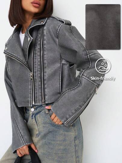 Women Faux Leather Distressed Effect Jacket Lapel Zipper Biker Short Coat