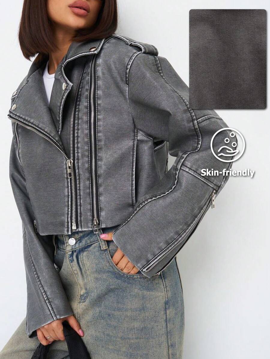 Women Faux Leather Distressed Effect Jacket Lapel Zipper Biker Short Coat